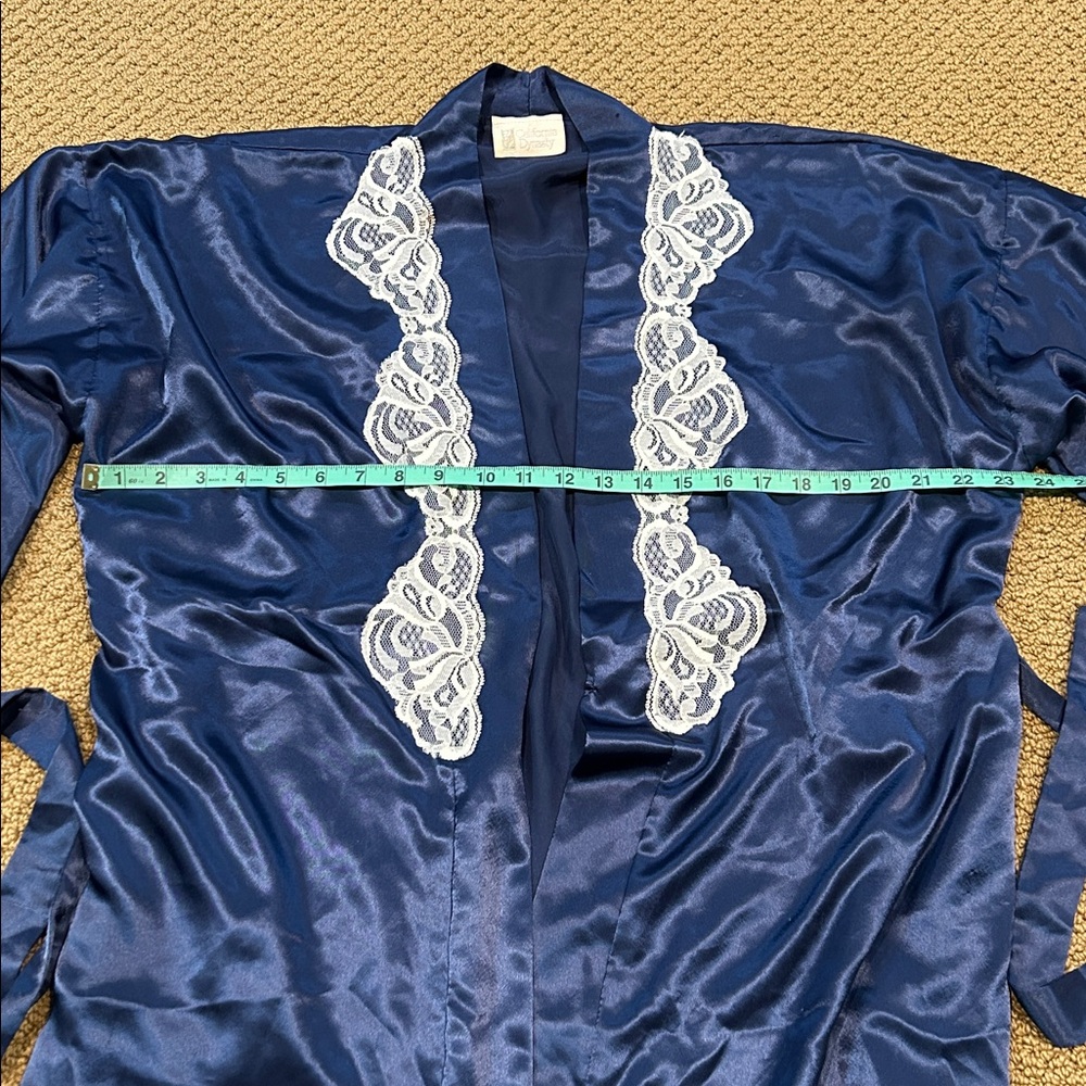 Vintage California Dynasty 2-pc Lingerie & Robe Set Large Navy Blue Lace Satin - Picture 15 of 17